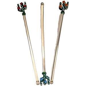 3-Vintage Charming Glass Swizzle Sticks w/Cacti & Red, Orange, Blue Flowers